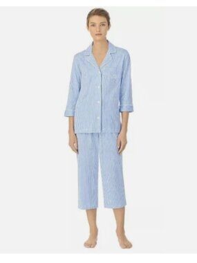 RALPH LAUREN Blue White Striped 2 Piece Cotton Pajama Set Medium